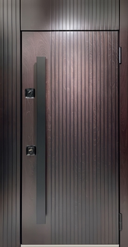 Металлическая современная дверь с длинной ручкой, верхней вставкой и панелью МДФ с фрезеровкой Металлическая современная дверь с длинной ручкой, верхней вставкой и панелью МДФ с фрезеровкой
