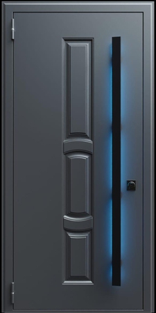 Входная термодверь с металлофиленкой, длинной ручкой с подсветкой и порошковым покрытием RAL 7021 (тип №10)